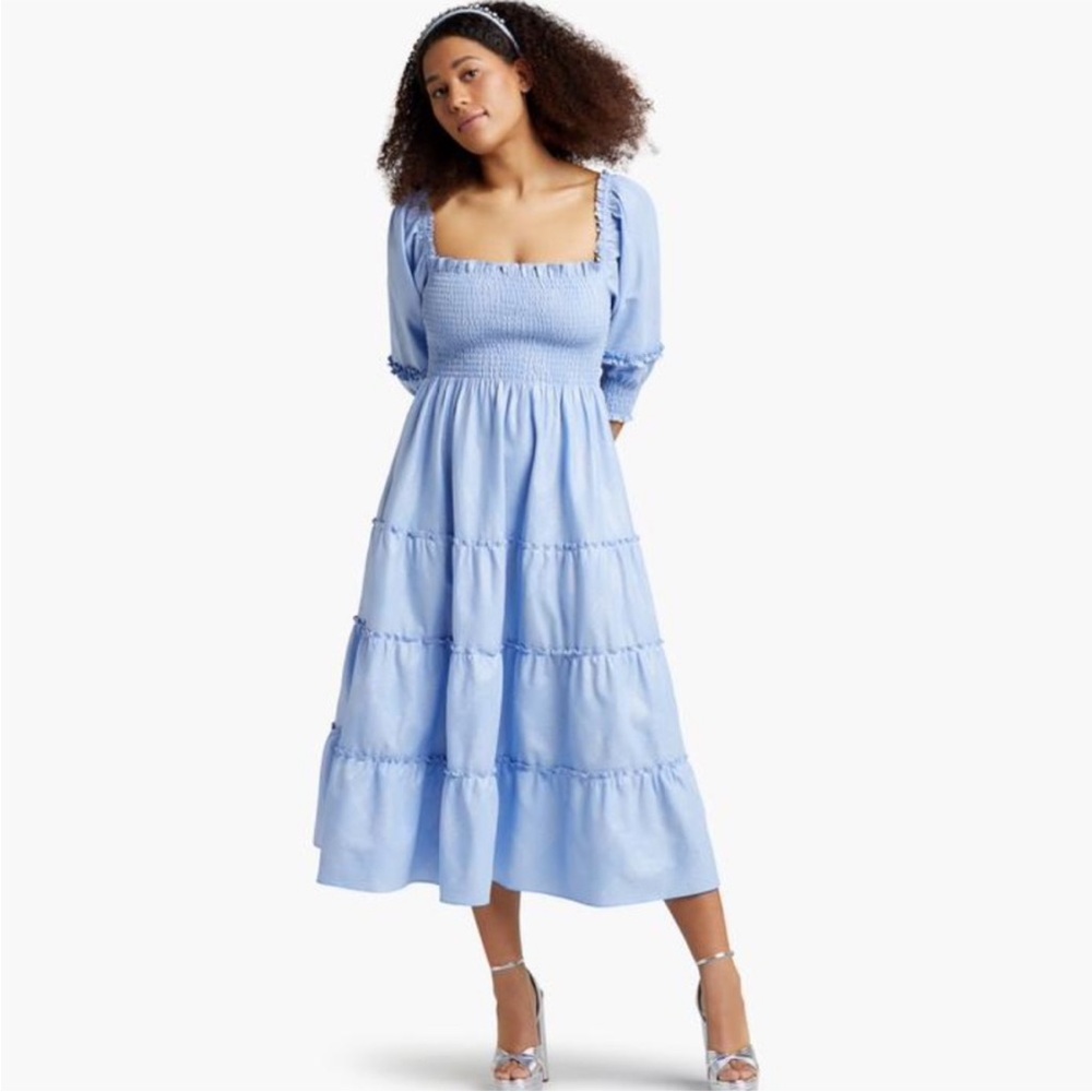 Hill House | Blue & Silver Metallic Smocked Puff Sleeve Tiered Nesli Dress Plaid